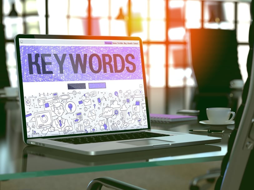 Keywords - Closeup Landing Page in Doodle Design Style on Laptop Screen. On Background of Comfortable Working Place in Modern Office. Toned, Blurred Image. 3D Render..jpeg