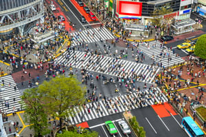 Tokyo, Japan view of Shibuya Crossing, one of the busiest crosswalks in the world.-1